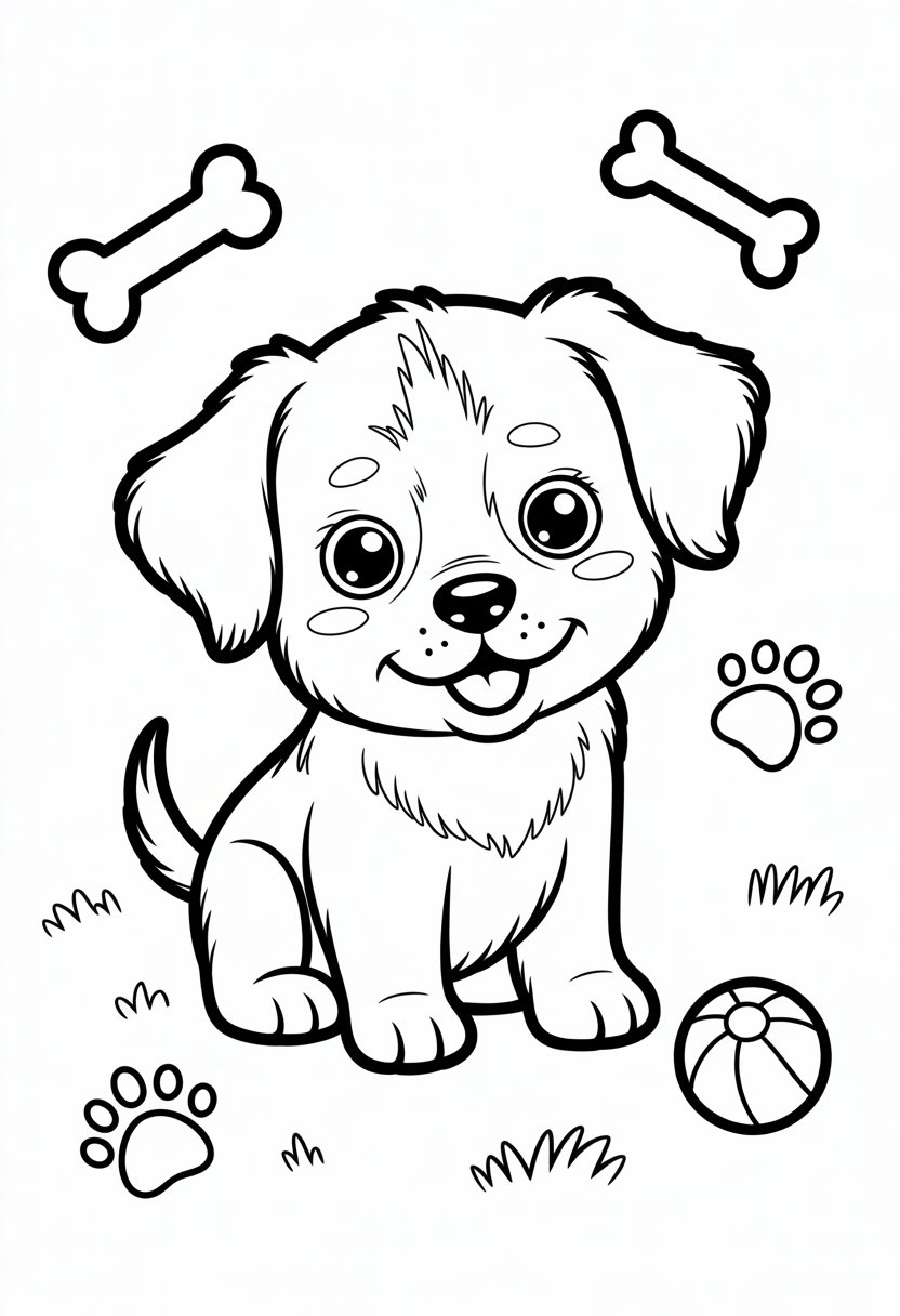 Coloring Pages Cute Ideas for Kids: 21 Engaging Designs to Inspire Creativity 25 A sitting puppy with floppy ears and a wagging tail, surrounded by a bone, a ball, and paw prints.